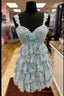 Light Blue Rosette Sequin Baby Doll Short Prom Dresses