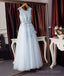 Light Blue Round Neck Lace Tulle Long Prom Dress Blue Evening Dress