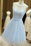 Light Blue Round Neckline Short Pretty Homecoming Dress, Light Blue Wedding Prom Dresses