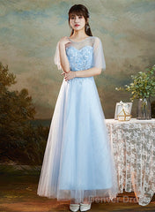 Light Blue Round Neckline Sweetheart Long Party Dress, A-Line Blue Bridesmaid Dresses