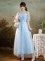 Light Blue Round Neckline Sweetheart Long Prom Dress, A Line Blue Bridesmaid Dresses