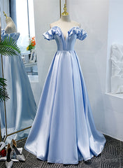Light Blue Satin A-line Off Shoulder Long Formal Dress, Light Blue Evening Dress Prom Dress
