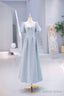 Light Blue Satin Long Prom Dress with Pearls, A Line Short Sleeve Prom Dresses