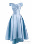 Light Blue Satin Off Shoulder High Low Prom Dress Homecoming Dress, Short Prom Dresses