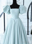 Light Blue Satin Open Back Lopng Prom Dress, Blue A Line Wedding Prom Dresses