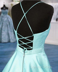 Light Blue Satin V-Neck Cross Back Prom Dresses