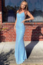 Light Blue Sequins Backless Mermaid Prom Dresses