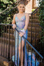Light Blue Sequins Spaghetti Straps Mermaid Prom Dresses with Slit