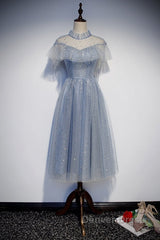 Light Blue Shiny Tulle High Neckline Homecoming Dresses Party Dresses, Blue Short Prom Dresses