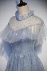 Light Blue Shiny Tulle High Neckline Homecoming Dresses Party Dresses, Blue Short Prom Dresses