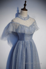 Light Blue Shiny Tulle High Neckline Homecoming Dresses Party Dresses, Blue Short Prom Dresses