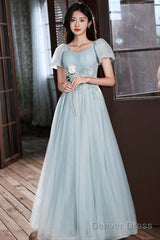 Light Blue Short Sleeves Beaded Tulle Long Party Dress, A-Line Blue Formal Dresses