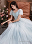 Light Blue Short Sleeves Beaded Tulle Long Prom Dress, A-Line Blue Prom Dresses