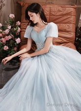 Light Blue Short Sleeves Beaded Tulle Long Party Dress, A-Line Blue Formal Dresses