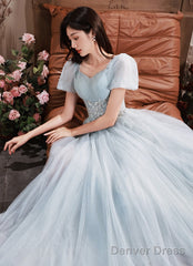 Light Blue Short Sleeves Beaded Tulle Long Party Dress, A-Line Blue Formal Dresses