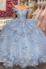 Light Blue Sparkly Off The Shoulder Appliques Prom Dresses Quincea?Era Dresses Sweet 16 Prom Dresses Ball Gown