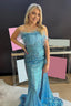 Light Blue Sparkly Sequins Off the Shoulder Long Prom Dresses with Feathers