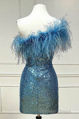 Light Blue Sparkly Tight Sequins Homecoming Dresses with Feathers