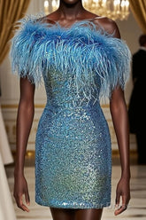Light Blue Sparkly Tight Sequins Homecoming Dresses with Feathers