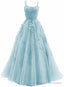 Light Blue Straps Cross Back Tulle with Lace Applique Prom Dress, Blue Prom Dresses