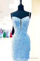 Light Blue Straps Sheath Beaded Sequined Cocktail Dresses Wedding