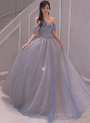 Light Blue Sweetheart Off Shoulder A-Line Long Prom Dress, Blue Beaded Evening Dress