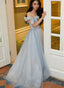 Light Blue Sweetheart Pearls Off Shoulder Long Prom Dress, A Line Blue Prom Dresses