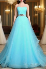 Light Blue Sweetheart Tulle Long Formal Dresses With Belt, Charming Tulle Sweet 16 Dresses