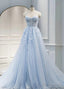 Light Blue Sweetheart Tulle with Lace Long Wedding Prom Dress, Blue Prom Dresses
