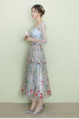Light Blue Tea Length Lace Floral Wedding Party Dress, Beautiful Formal Dress