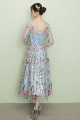 Light Blue Tea Length Lace Floral Wedding Party Dress, Beautiful Formal Dress