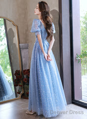 Light Blue Tulle A-Line Floor Length Formal Dress, Light Blue Evening Dress Party Dress