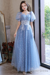 Light Blue Tulle A-Line Floor Length Formal Dress, Light Blue Evening Dress Party Dress