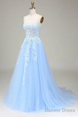 Light Blue Tulle A-Line Prom Dress Party Dress With Lace, Light Blue Prom Dress