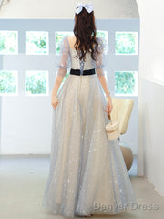 Light Blue Tulle A-Line Short Sleeves Party Dresses, Blue Formal Gowns Prom Dresses