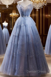 Light Blue Tulle Beaded Long Formal Dresses, Light Blue Shiny Tulle Evening Dresses Prom Dresses