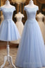 Light Blue Tulle Bridesmaid Dress, Cap Sleeves Short Bridesmaid Dress, Wedding Prom Dresses