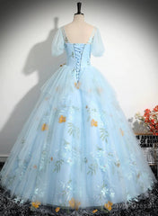 Light Blue Tulle Floor Length Prom Dress, Beautiful Short Sleeves Sweet 16 Dress