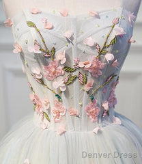 Light Blue Tulle Floral Short Sweetheart Homecoming Dress, Blue Prom Dress