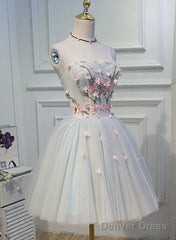 Light Blue Tulle Floral Short Sweetheart Homecoming Dress, Blue Prom Dress