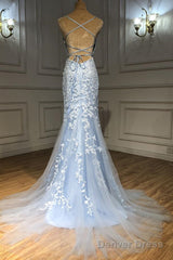 Light Blue Tulle Lace Appliques Long Mermaid Prom Dress, Open Back Party Dress
