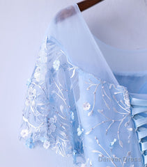 Light Blue Tulle Lace Long Prom Dress, Blue Lace Graduation Dress
