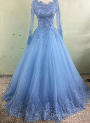 Light Blue Tulle Long Sleeves Ball Gown Party Dress With Lace, Blue Evening Dress Prom Dress