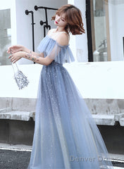 Light Blue Tulle Off Shoulder Long Formal Dress, Blue Evening Party Dress