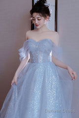 Light Blue Tulle Off Shoulder Party Dress, A-Line Sequins Blue Formal Dress Prom Dress
