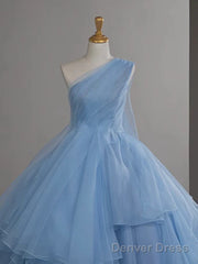 Light Blue Tulle One Shoulder Ball Gown Formal Dress, Light Blue Party Dress