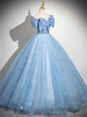 Light Blue Tulle Sequins Long Prom Dresses, A-Line Off Shoulder Evening Dresses