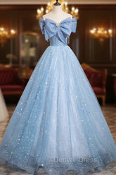 Light Blue Tulle Sequins Long Prom Dresses, A-Line Off Shoulder Evening Dresses