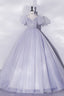 Light Blue Tulle Sequins Prom Dress, Scoop Neck Short Sleeve Puffy Floor Length Prom Dresses