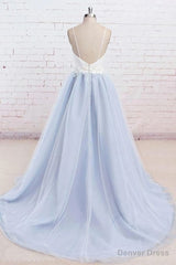 Light Blue Tulle Simple Spaghetti Straps Sweep Train Backless Prom Dress